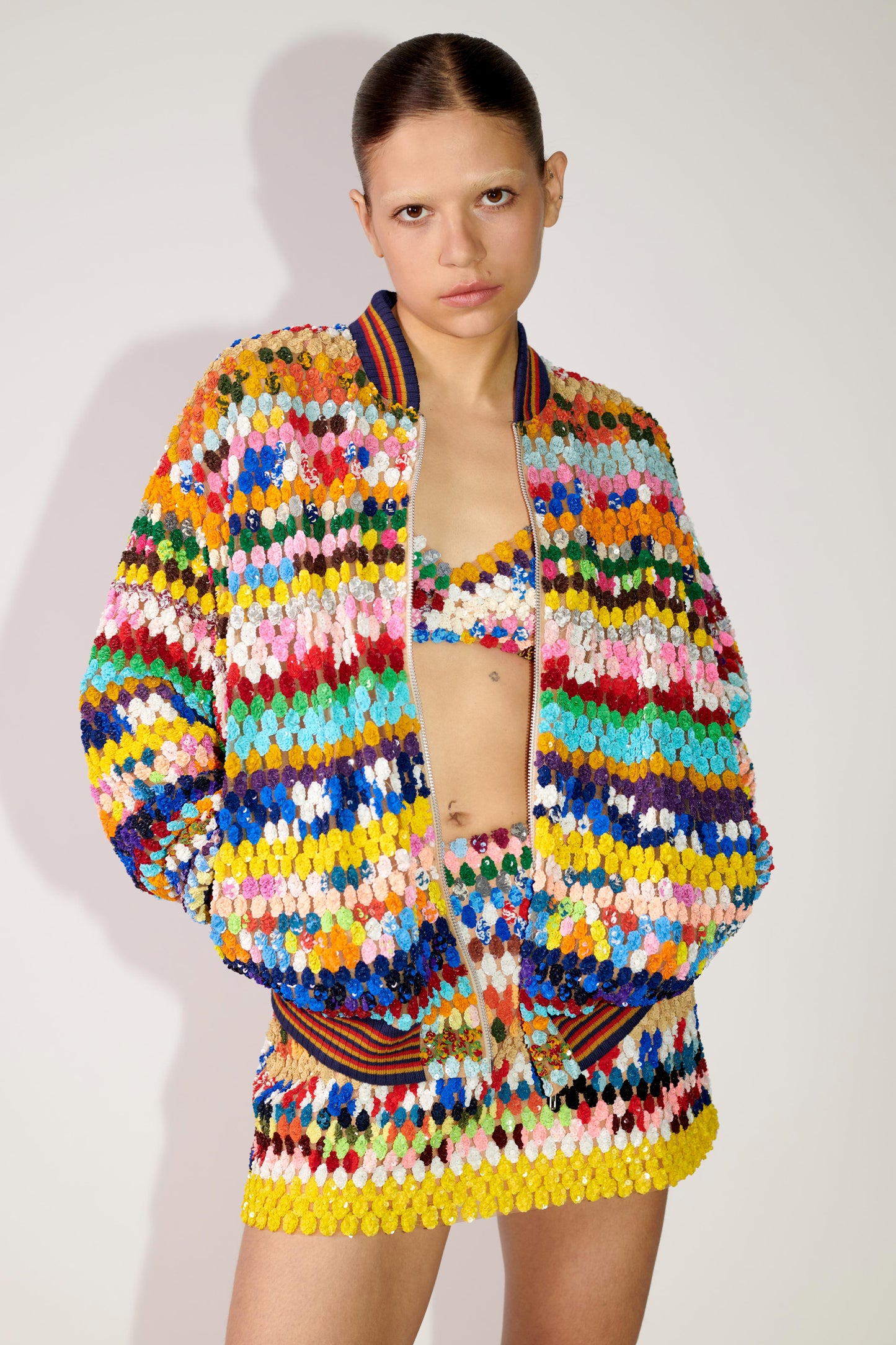 Sequin Crochet Bomber Jacket