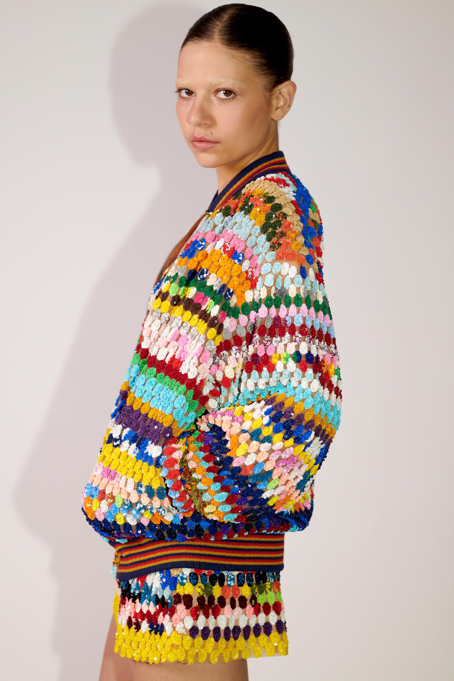 Sequin Crochet Bomber Jacket