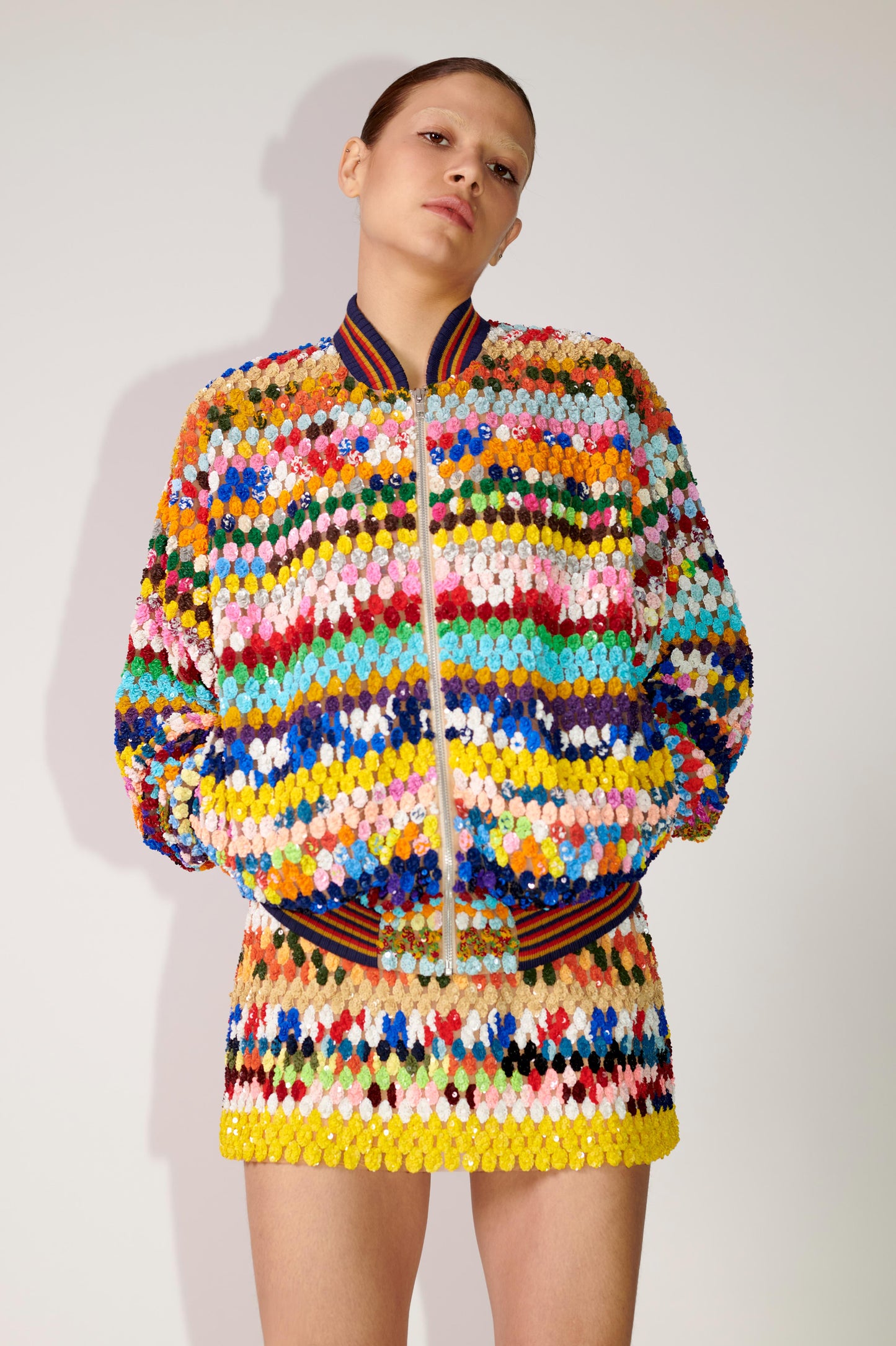 Sequin Crochet Bomber Jacket